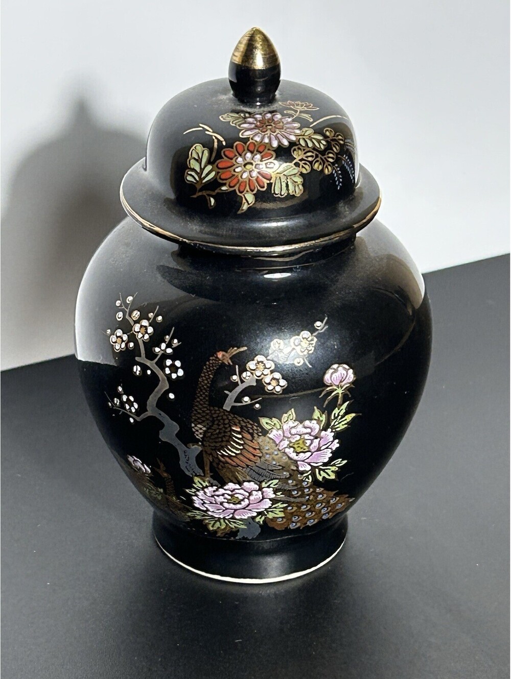 Vintage Ginger Jar Black and Gold Peacock Flowers 4.5” 1970’s EUC